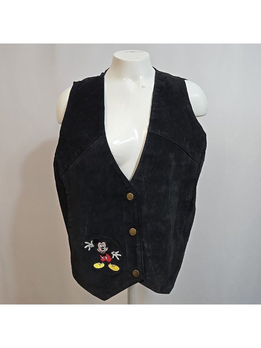 Mickey Mouse Suede Vest Genuine Leather Black Size M/L Waistcoat Embroidered